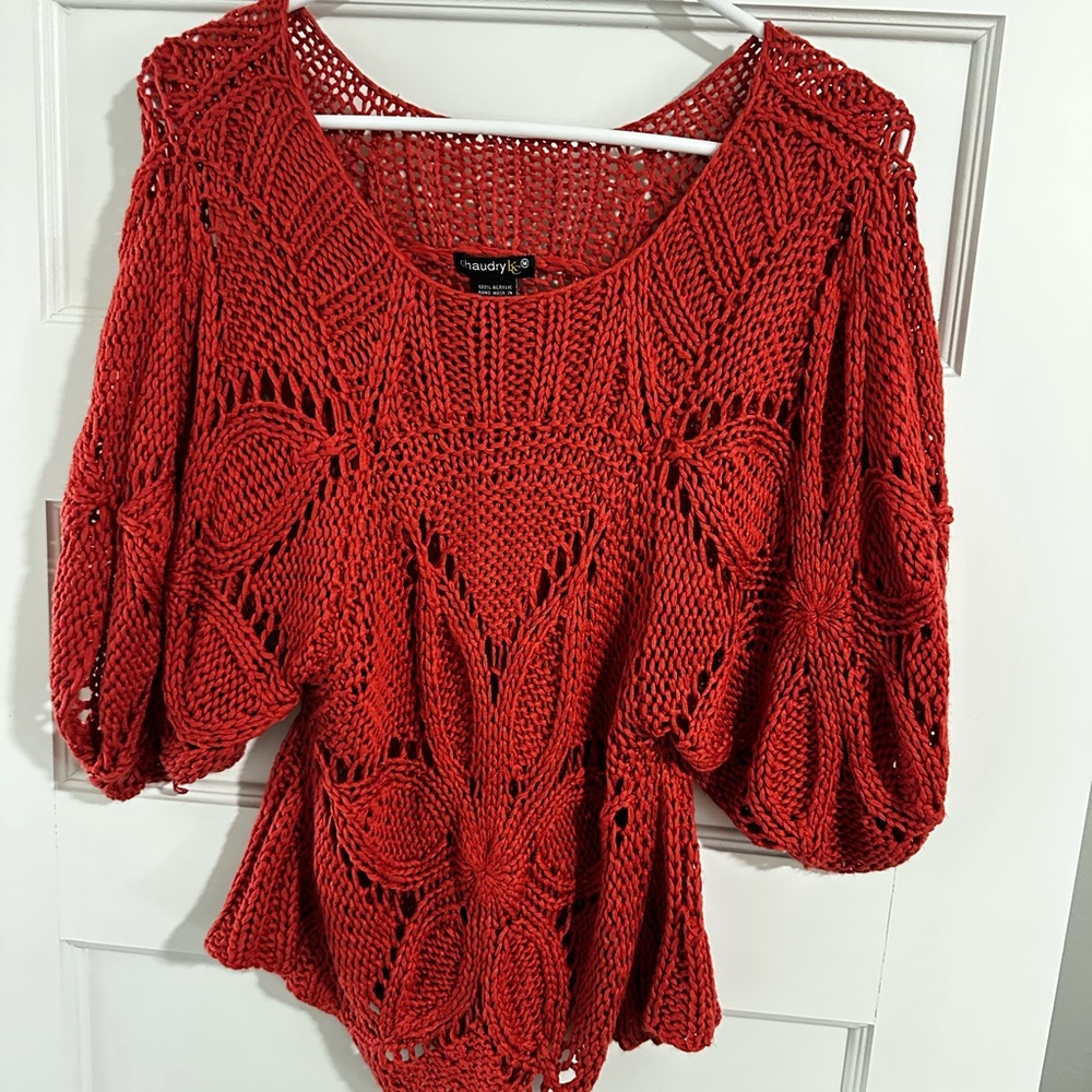 Orange Knit Sweater with Floral Design